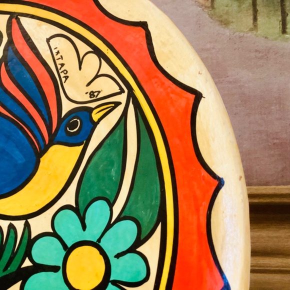 Mestizo Folk Art Tonala Mexican Hand painted Platter Florals Bird Ixtapa 1987 - Picture 8 of 14